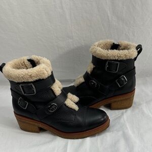 Coach Preston Leather Shearling Ankle Boots Size 9.5B Block Heel Side Zip